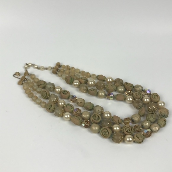 Vtg Vendome 3 Strand Aurora Borealis AB Crystal Rose Shaped Collar Necklace - Picture 5 of 8